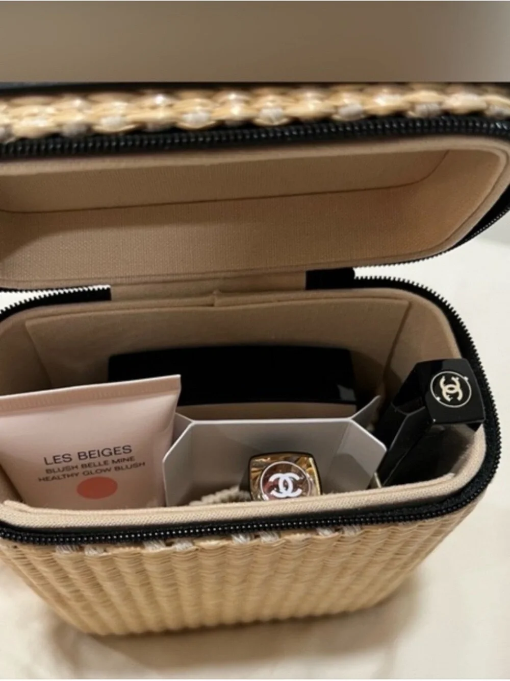 CHANEL Beige Straw Cosmetic Case with Black Trim & Makeup Set